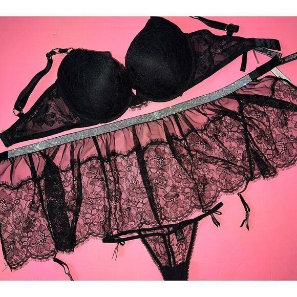 Victoria's Secret 36C,36DD,36DDD BRA SET+M/L garter skirt BLACK lace SHINE STRAP - Picture 1 of 5